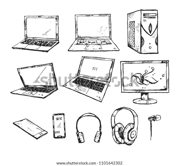 Hand Drawn Graphic Set Pc Computer Stock Vector (Royalty Free ...
