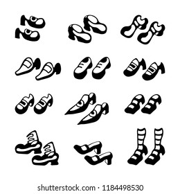 Hand drawn graphic set of the traditional stylized shoes. Vector illustration.
