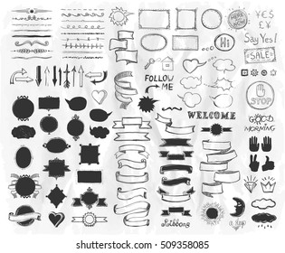 Hand drawn graphic sketch elements on a paper, vector  illustration, doodle graphic line elements, vintage style ribbons, frames, dividers, brushes, silhouettes and phrases