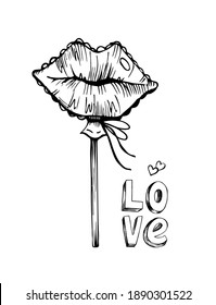 Hand drawn graphic sketch illustration of kiss air balloon. Love theme card. Valentine's day graphic vector illustration. Love elements for any design.