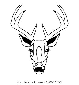 Hand drawn graphic sketch illustration of a deer head with big antlers, front view, vector wildlife poster.