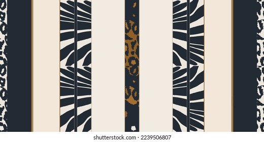 Hand drawn graphic striped abstract pattern with leopard skin. Collage contemporary print. Fashionable template for design.