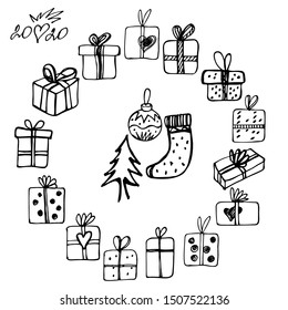 hand drawn in graphic style gift box and tree icon set on white background isolated for use in design, doodle style, new year, christmas, greeting card, sticker