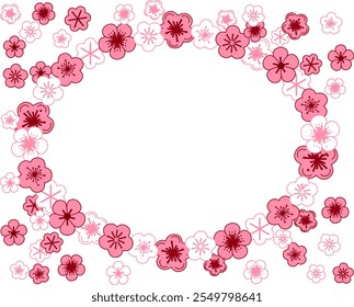 Desenhado à mão estilo gráfico oval quadro ilustração de flores de cereja flores de sakura rosa. Modelo de quadro oval vetorial para o texto