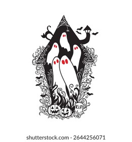 Hand drawn graphic of stylish haunted house with pumpkins and bats in halloween style