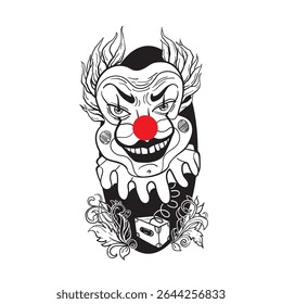Hand drawn graphic of a stylish scary clown jumping out of a box on a spring
