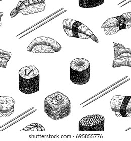 Hand drawn graphic sushi and rolls. Vector seamless pattern.
