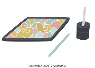Hand drawn graphic tablet set with stylus and pen holder. Soft pastel flat vector illustration for digital art, illustration, design work, creative studio, online drawing and freelancer life.

Ключевые (до 30, важные вначале):
