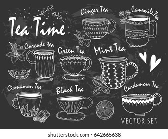 Hand drawn graphic tea cups. Various sorts of tea. Vector set. Chalk style