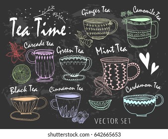 Hand drawn graphic tea cups. Various sorts of tea. Colored vector set. Chalk style