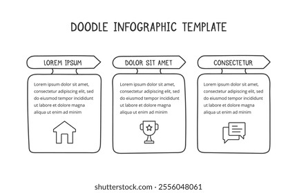 Hand drawn graphic template of the process with three arrows with frames for your text, doodle infographics, vector eps10 illustration