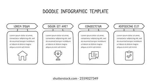 Hand drawn graphic template of the process with four arrows with frames for your text, doodle infographics, vector eps10 illustration