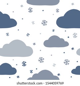 Hand drawn graphic vector background. Cartoon clouds and snowflakes. Winter seamless pattern. Wallpaper isolated in white. Drawing for child's. Design for wrapping paper, fabric, prints and etc.