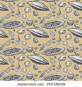 Hand drawn graphic vector drawings of ingredients for chocolate. Cocoa beans, butter, grains, leaves. Seamless pattern for cafe menu design or sweets packaging