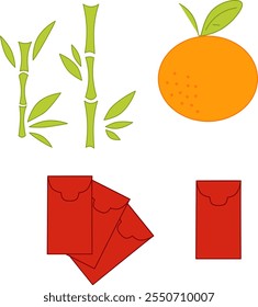 Hand drawn graphic vector element set of decoration in Asian traditional market, isolated on transparent background, mandarin, bamboo, red envelope. CNY
