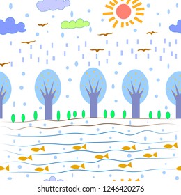 hand drawn graphic  vector of green environment with trees,  sun ,cloud, rain, birds and fishes in water pattern texture background