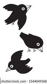 Hand drawn graphic vector illustration. Collection of cartoon ravens. Cute birds set. Outline drawing isolated in white. Element for poster, prints, card, sticker, fabric, t shirt etc. 