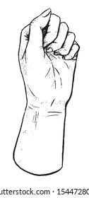 Hand drawn graphic vector illustration. Woman fist isolated in white. Motivation poster strong girl power concept. Sketch style. Element for design poster, print, postcard, t-shirt etc.