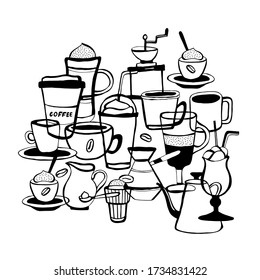 Hand drawn graphic vector illustration of coffee. Coffee cups illustration. Doodle sketch. Coffee shop illustration.