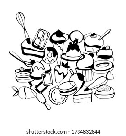 Hand drawn graphic vector illustration of sweets. Desserts illustration. Doodle sketch.