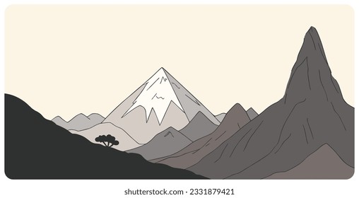 Ilustración de vectores gráficos dibujados a mano del paisaje montañoso abstracto con siluetas triangulares de tope de nieve y coronación afilada. Sencillo diseño de dibujo de dibujos animados planos en estilo sepia.