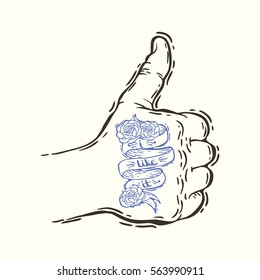 Hand drawn graphic vector illustration with the tattooed hand with the thumb up