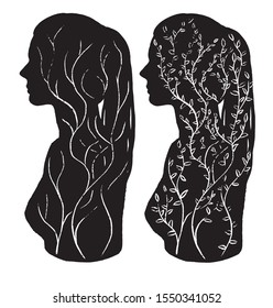 Hand drawn graphic vector image. Girl profile silhouette illustration. Beautiful girls with plants inside. Inner world concept. Sketch of people. Element for poster, prints, card, sticker, fabric etc.