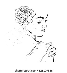 Hand drawn graphic vector ink brush painted textured woman feminine figure with flower in hair illustration isolated on white background. Design element for spring wedding, birthday, save the date card