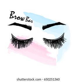 Hand drawn graphic vector logo for brow bar or beauty studio. Pink and blue watercolor background