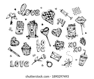 Hand drawn graphic vector valentine's day set of cute elements. Love sketch elements isolated on white. 14 february elements set. Love doodle objects.