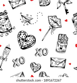 Hand drawn graphic vector valentine's day seamless pattern. Love sketch elements isolated on white. 14 february elements pattern. Love doodle background.