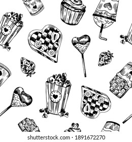 Gráficos dibujados a mano vectorial valentina de día dulces y caramelos patrón sin fisuras. Amar los elementos de dibujo aislados en blanco. 14 de febrero patrón de elementos. Me encanta el fondo del doodle.