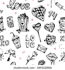 Patrón sin fisuras del día de la valentina vectorial gráfica dibujada a mano. Amar los elementos de dibujo aislados en blanco. 14 de febrero patrón de elementos. Me encanta el fondo del doodle.