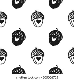 Hand drawn graphic vintage acorn seamless pattern. Contrast ornament with isolated floral rustic autumn forest wedding decorative symbols and elements. Chess grid order pattern.