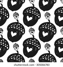 Hand drawn graphic vintage acorn seamless pattern. Contrast ornament with isolated floral rustic autumn forest wedding decorative symbols and elements. Chess grid order pattern.