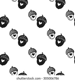 Hand drawn graphic vintage acorn seamless pattern. Contrast ornament with isolated floral rustic autumn forest wedding decorative symbols and elements. Chess grid order pattern.