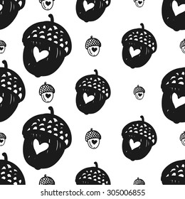 Hand drawn graphic vintage acorn seamless pattern. Contrast ornament with isolated floral rustic autumn forest wedding decorative symbols and elements. Chess grid order pattern.