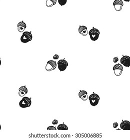 Hand drawn graphic vintage acorn seamless pattern. Contrast ornament with isolated floral rustic autumn forest wedding decorative symbols and elements. Chess grid order pattern.