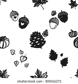 Hand drawn graphic vintage acorn, oak leaf, birch leaf, pine cone, maple leaf and pumpkin seamless pattern. Contrast ornament with floral rustic autumn forest wedding decorative symbols and elements.