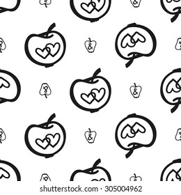 Hand drawn graphic vintage apple seamless pattern. Contrast ornament with isolated floral rustic autumn forest wedding decorative symbols and elements. Chess grid order pattern.