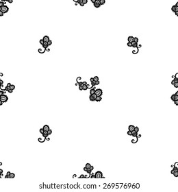 Hand Drawn graphic vintage black line lace bud seamless pattern on white background. Set of isolated floral laces wedding invitation decorative elements. Chess grid order