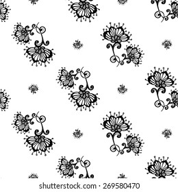 Hand Drawn graphic vintage black line lace dahlia seamless pattern on white background. Set of isolated floral laces wedding invitation decorative elements. Chess grid order