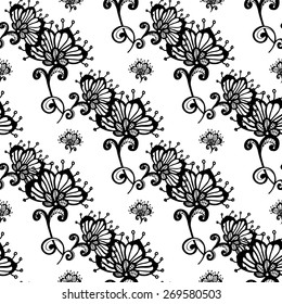 Hand Drawn graphic vintage black line lace dahlia seamless pattern on white background. Set of isolated floral laces wedding invitation decorative elements. Chess grid order