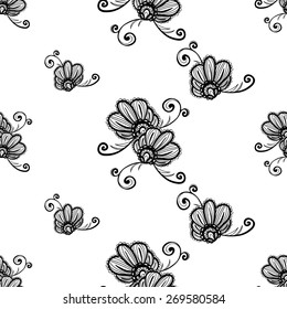 Hand Drawn graphic vintage black line lace daisy seamless pattern on white background. Set of isolated floral laces wedding invitation decorative elements. Chess grid order