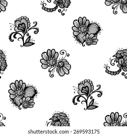 Hand Drawn graphic vintage black line lace flower, peony, daisy seamless pattern on white background. Set of isolated floral laces wedding invitation decorative elements. Chess grid order
