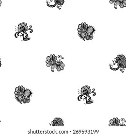 Hand Drawn graphic vintage black line lace flower, peony, daisy seamless pattern on white background. Set of isolated floral laces wedding invitation decorative elements. Chess grid order