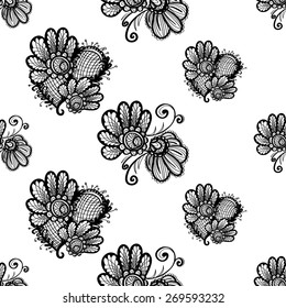 Hand Drawn graphic vintage black line lace flower and daisy seamless pattern on white background. Set of isolated floral laces wedding invitation decorative elements. Chess grid order