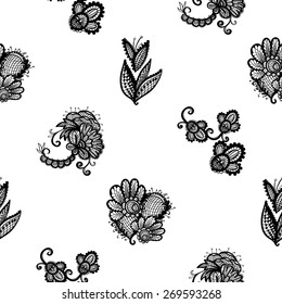 Hand Drawn graphic vintage black line lace flower, leaves, peony, bud seamless pattern on white background. Set of isolated floral laces wedding invitation decorative elements. Chess grid order