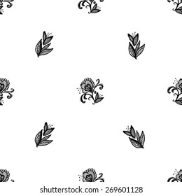 Hand Drawn graphic vintage black line lace leaves and inflorescence seamless pattern on white background. Set of isolated floral laces wedding invitation decorative elements. Chess grid order