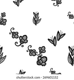 Hand Drawn graphic vintage black line lace leaves and bud seamless pattern on white background. Set of isolated floral laces wedding invitation decorative elements. Chess grid order